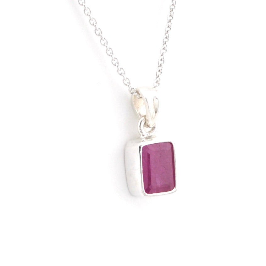 Silver Ruby 6x8mm Rectangle Necklace on white background