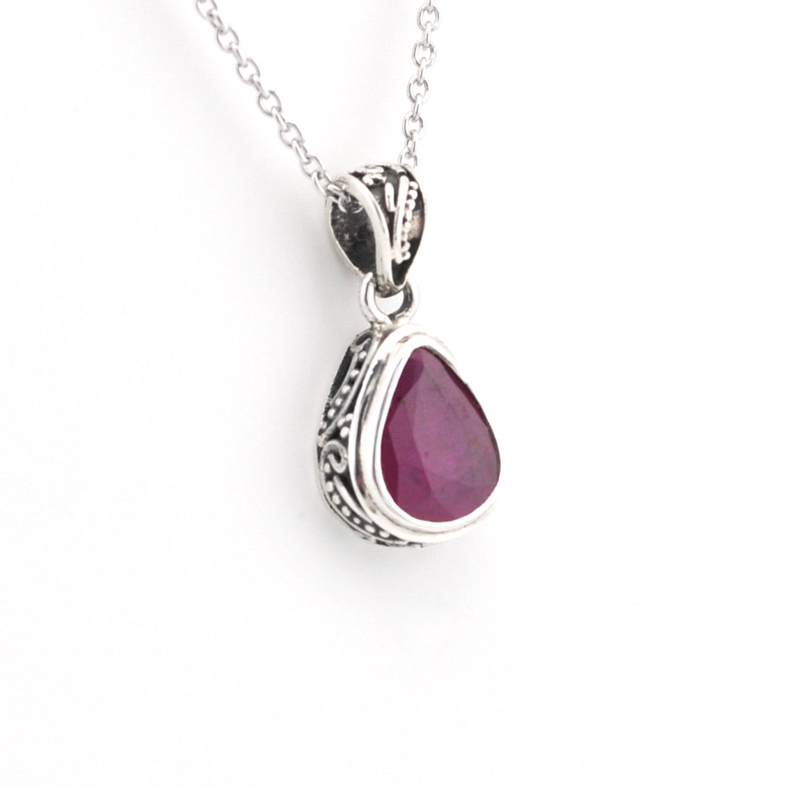Silver Ruby 7x9mm Tear Bali Necklace on white background