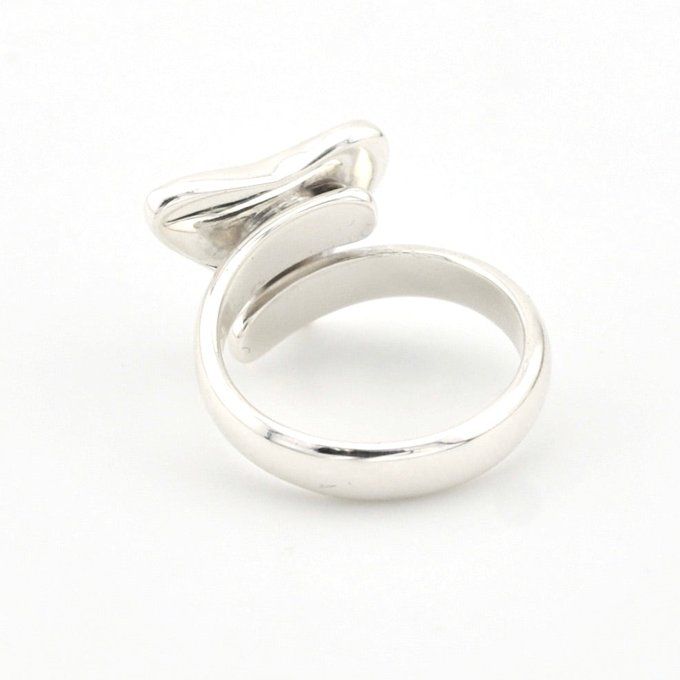 Silver ring with a unique design on a white background
