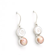 Handmade Silver Shiva Shell Bronze Pearl Dangle Earrings on white background