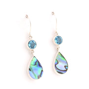 Teardrop-shaped earrings with blue gemstones on a white background
