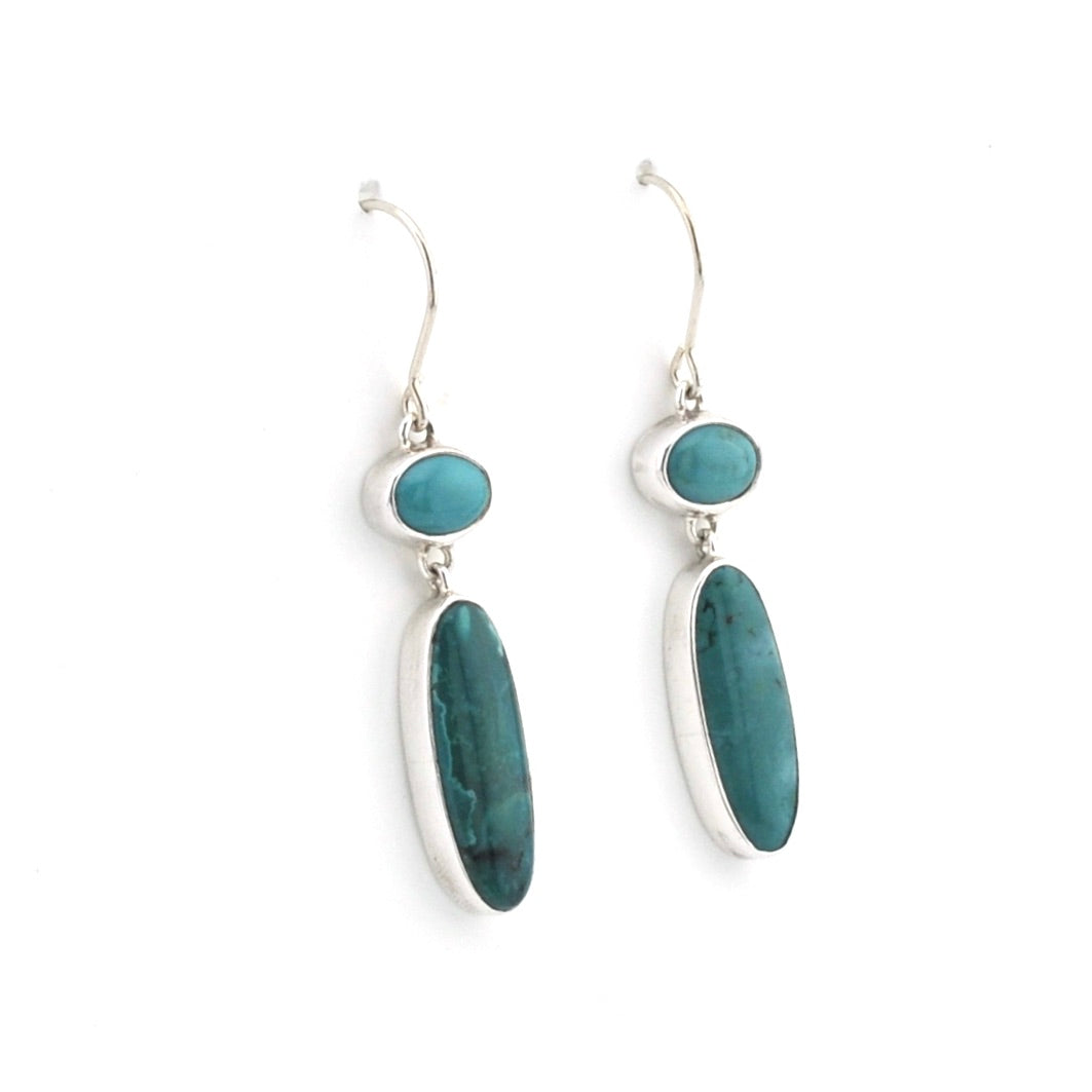 Silver Turquoise Long Oval Dangle Earrings on white background