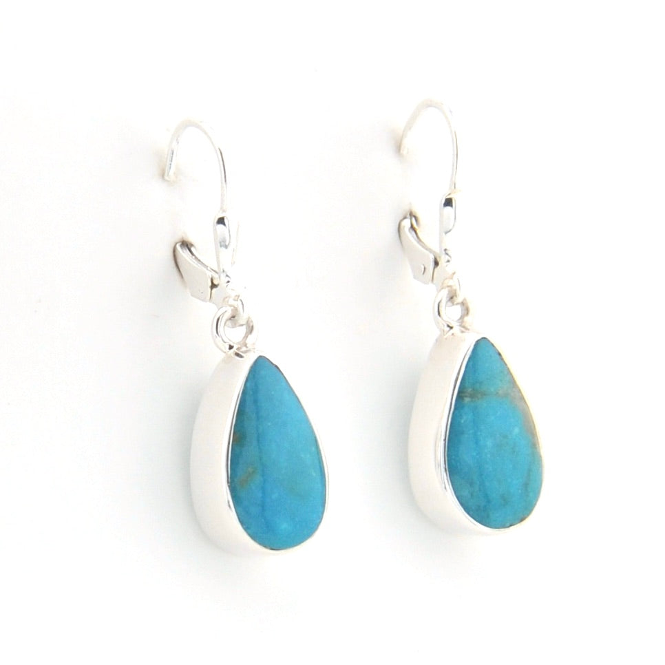Teardrop-shaped blue earrings with silver hooks on a white background
