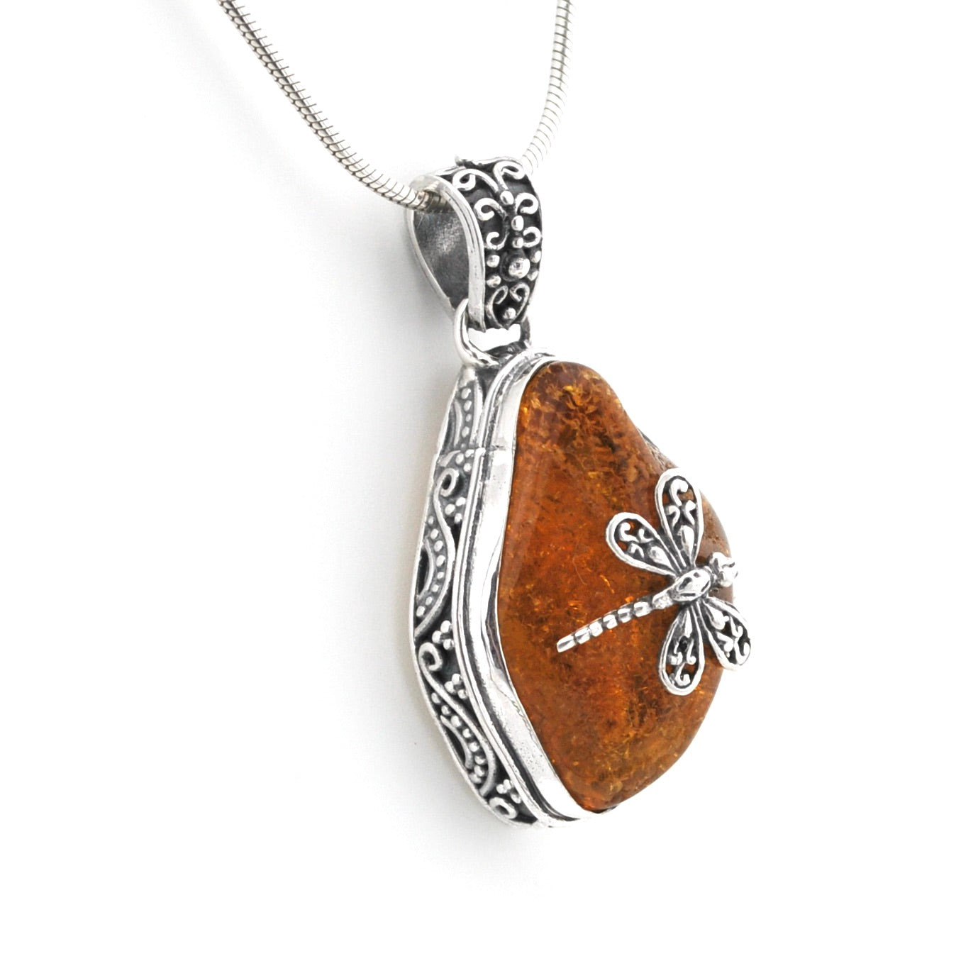 Sterling Silver Amber Dragonfly Pendant on white background