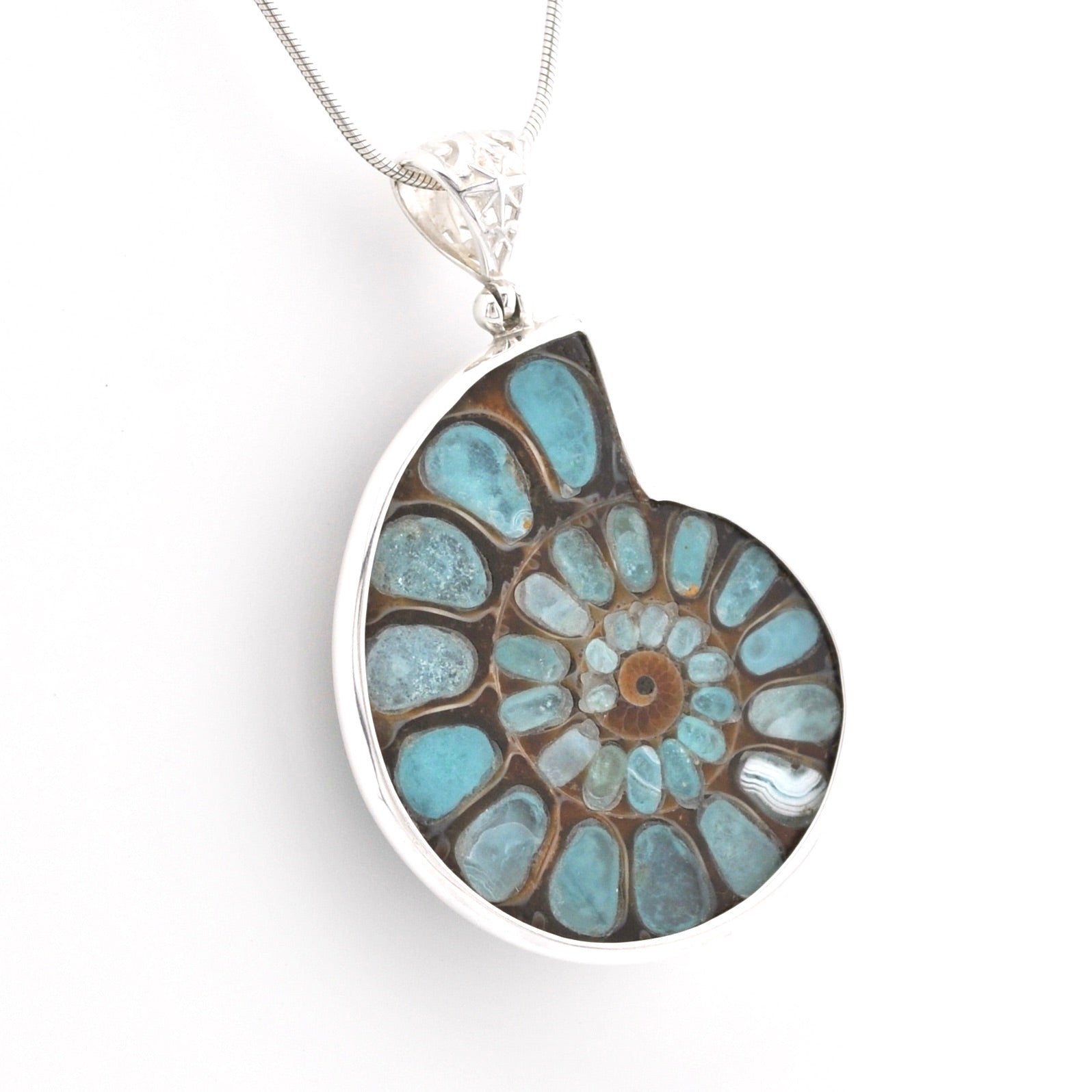 A silver pendant necklace featuring a polished ammonite shell with turquoise blue and brown natural stone segments, suspended from a silver chain against a white background.