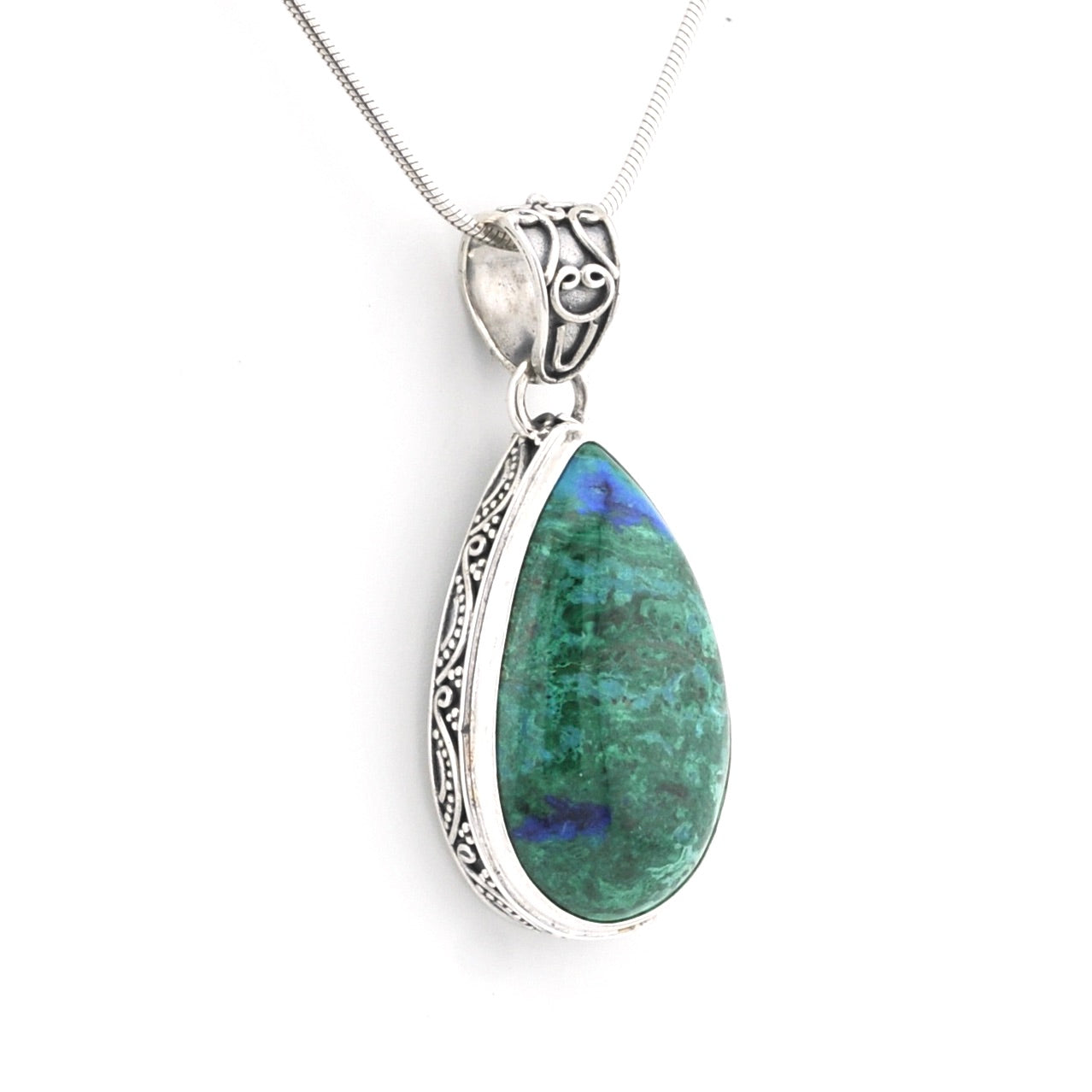 A silver teardrop pendant necklace featuring a green and blue marbled stone, suspended from a delicate silver chain against a plain white background.