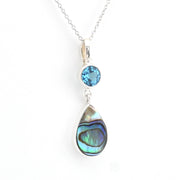 Necklace with blue topaz and abalone shell on a white background