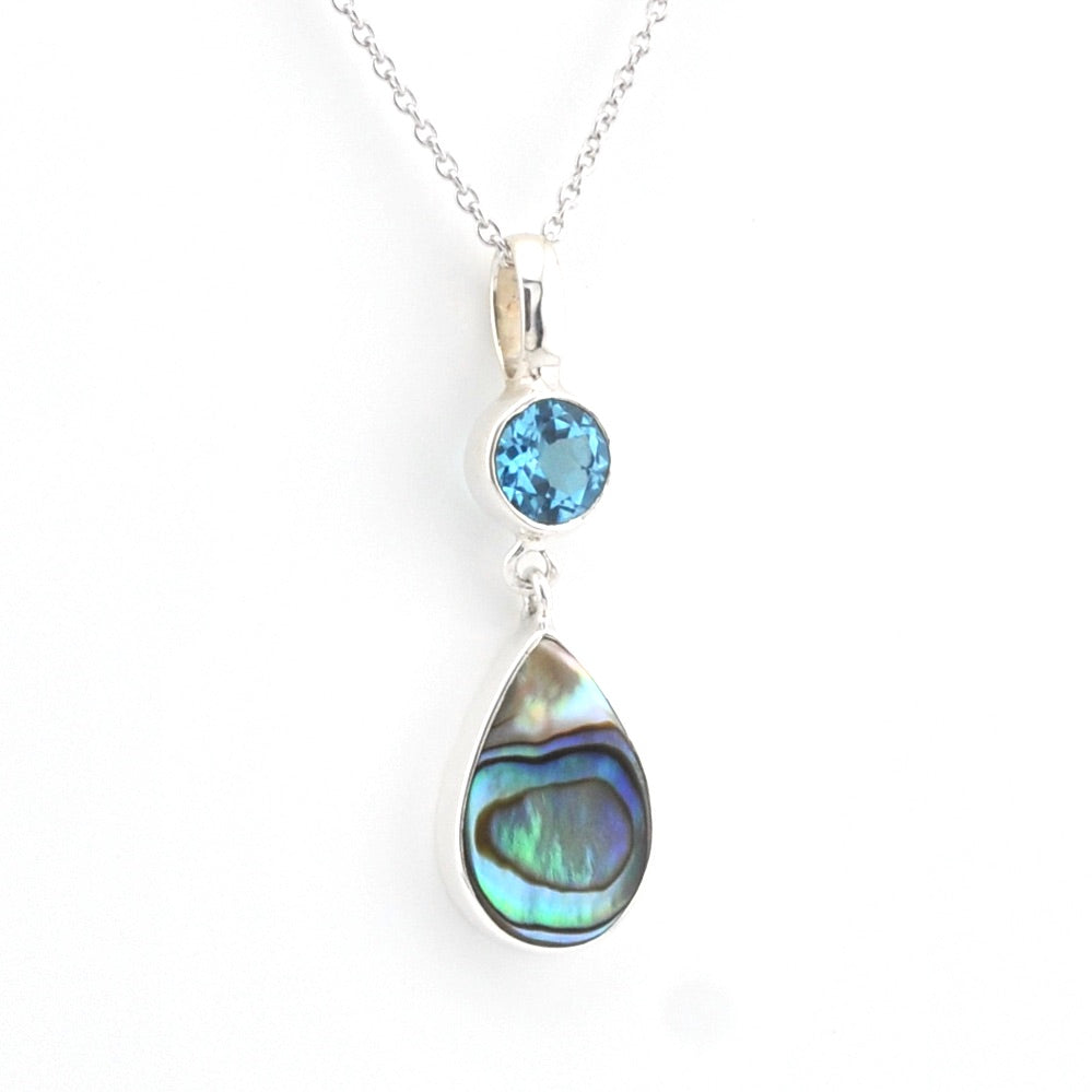 Necklace with blue topaz and abalone shell on a white background