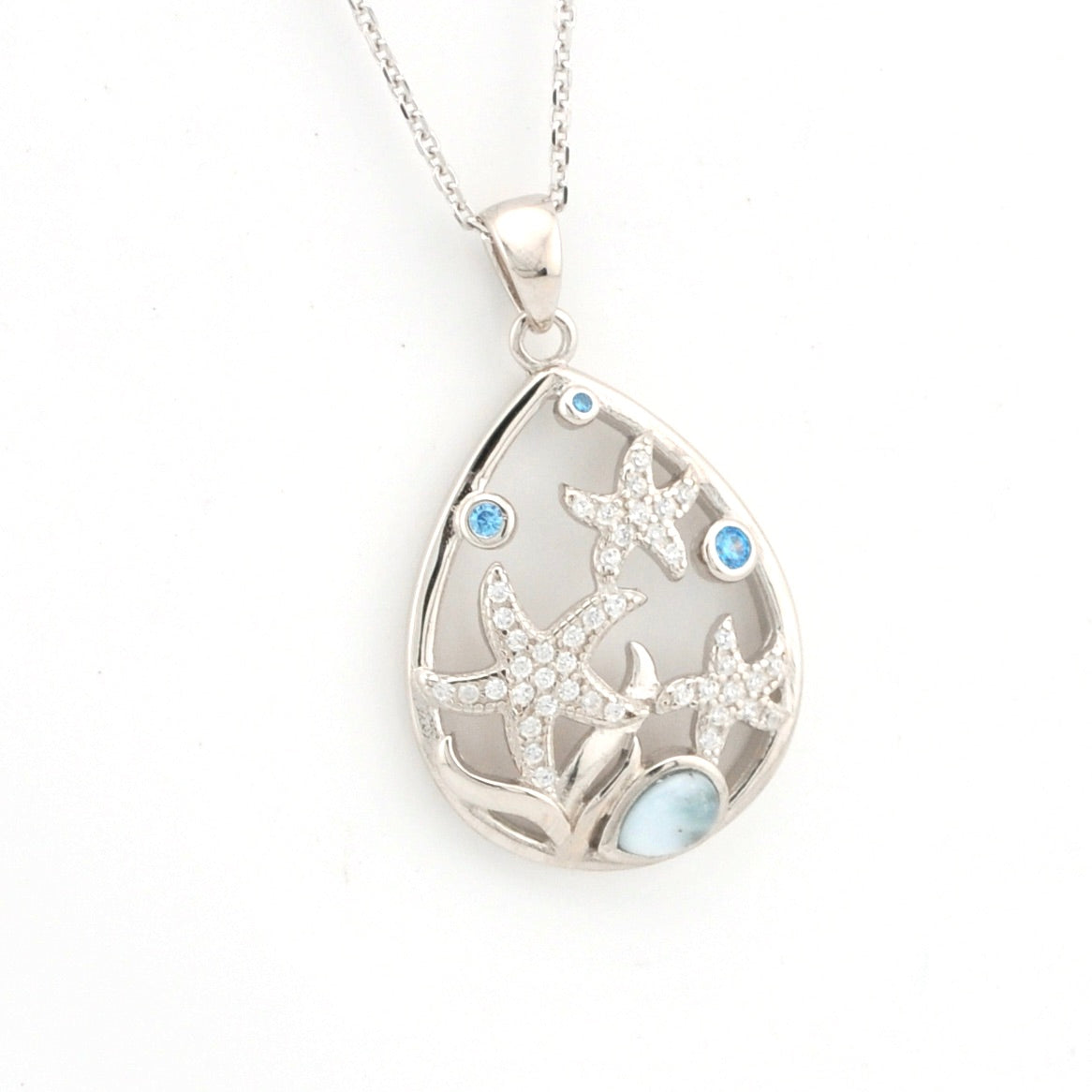 Alternate View Sterling Silver Larimar CZ Starfish Necklace