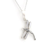 A silver dragonfly pendant necklace with white inlay details, shown on a clean white background.