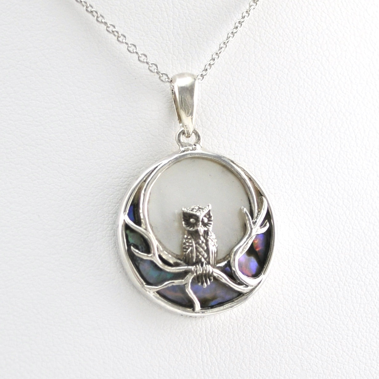 Alternate View Sterling Silver Owl in the Moon Light with Shell Necklace