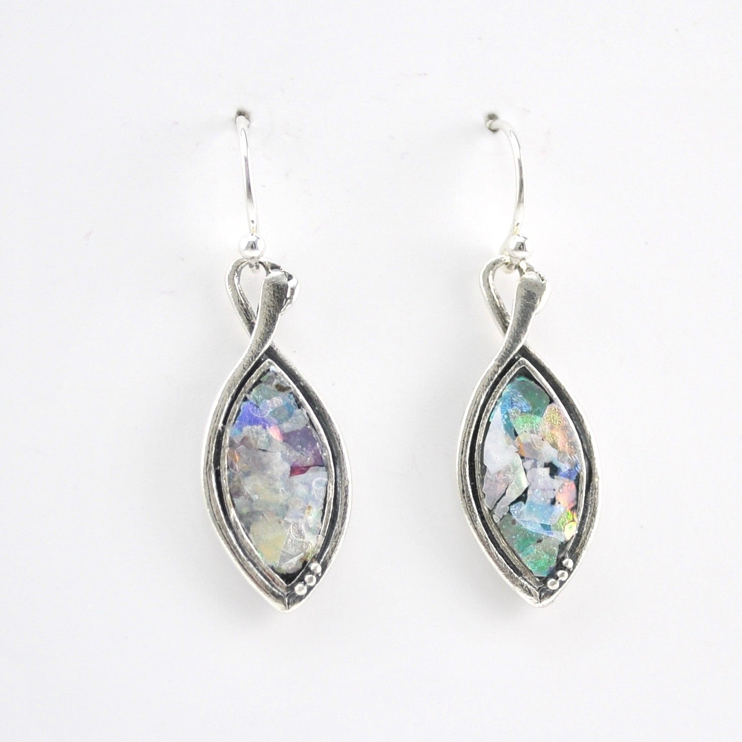 Alternate View Sterling Silver Roman Glass Marquise Dangle Earrings
