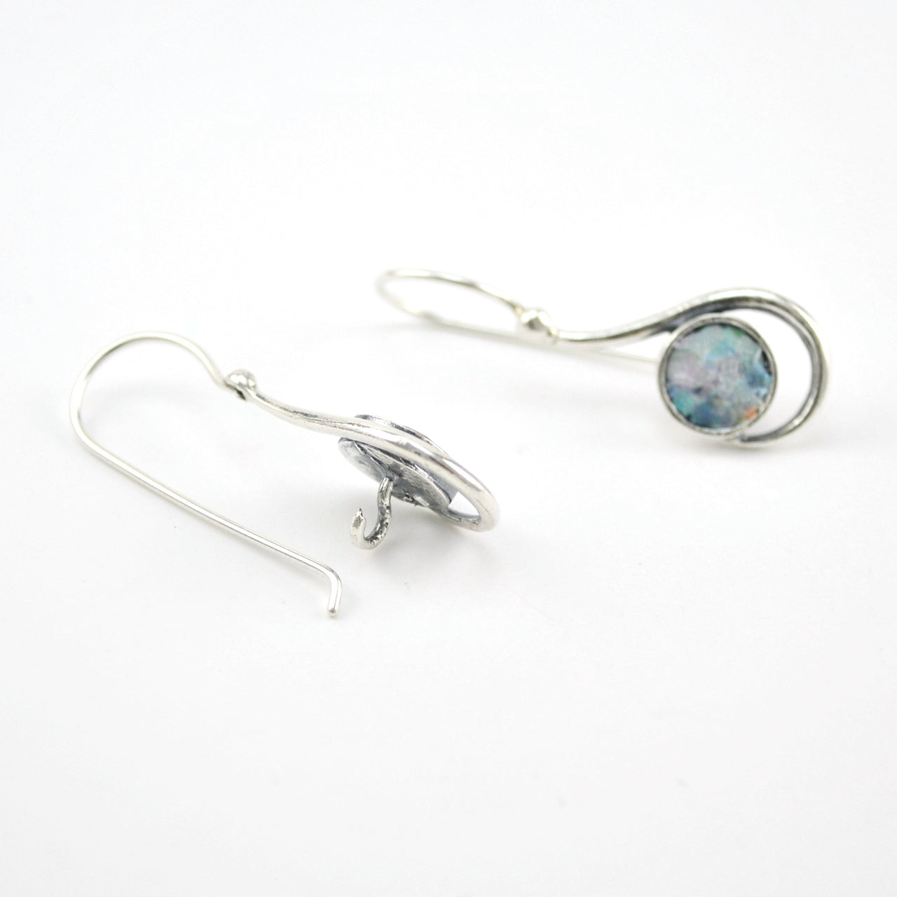 Alternate View Sterling Silver Roman Glass Round Swirl Dangle Earrings