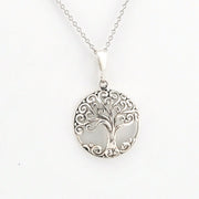A silver tree of life pendant necklace on a delicate silver chain, displayed against a clean white background.