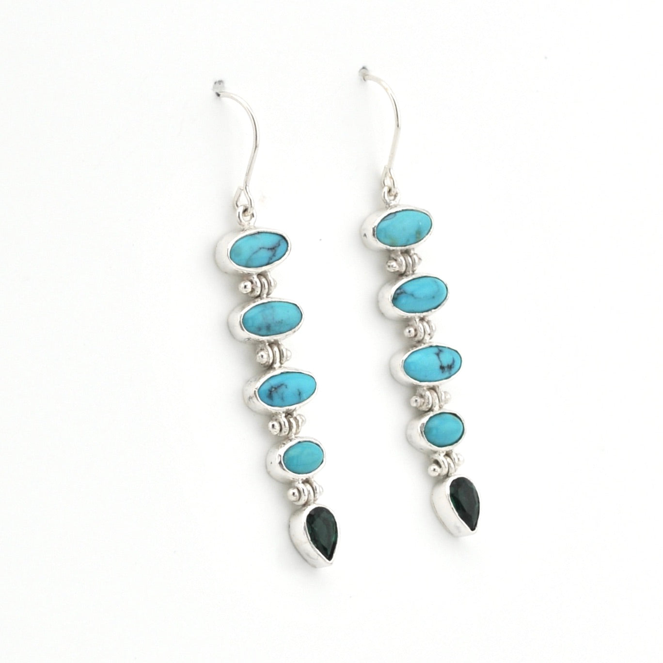 Handmade sterling silver dangle earrings featuring genuine turquoise and green quartz gemstones.