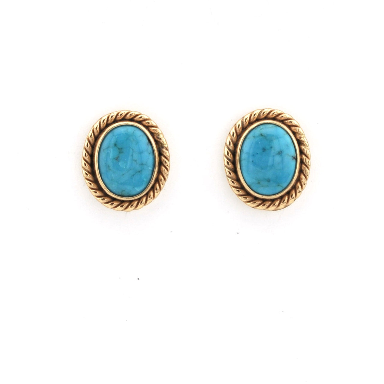 Pair of gold earrings with turquoise stones on a white background