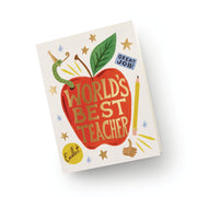 Card with a red apple illustration and 'World's Best Teacher' text on a white background