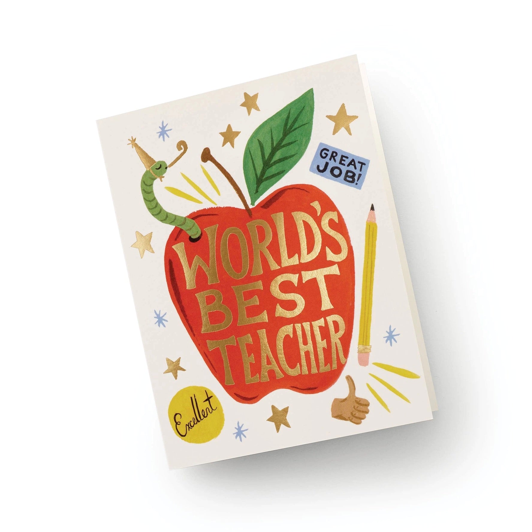 Card with a red apple illustration and 'World's Best Teacher' text on a white background