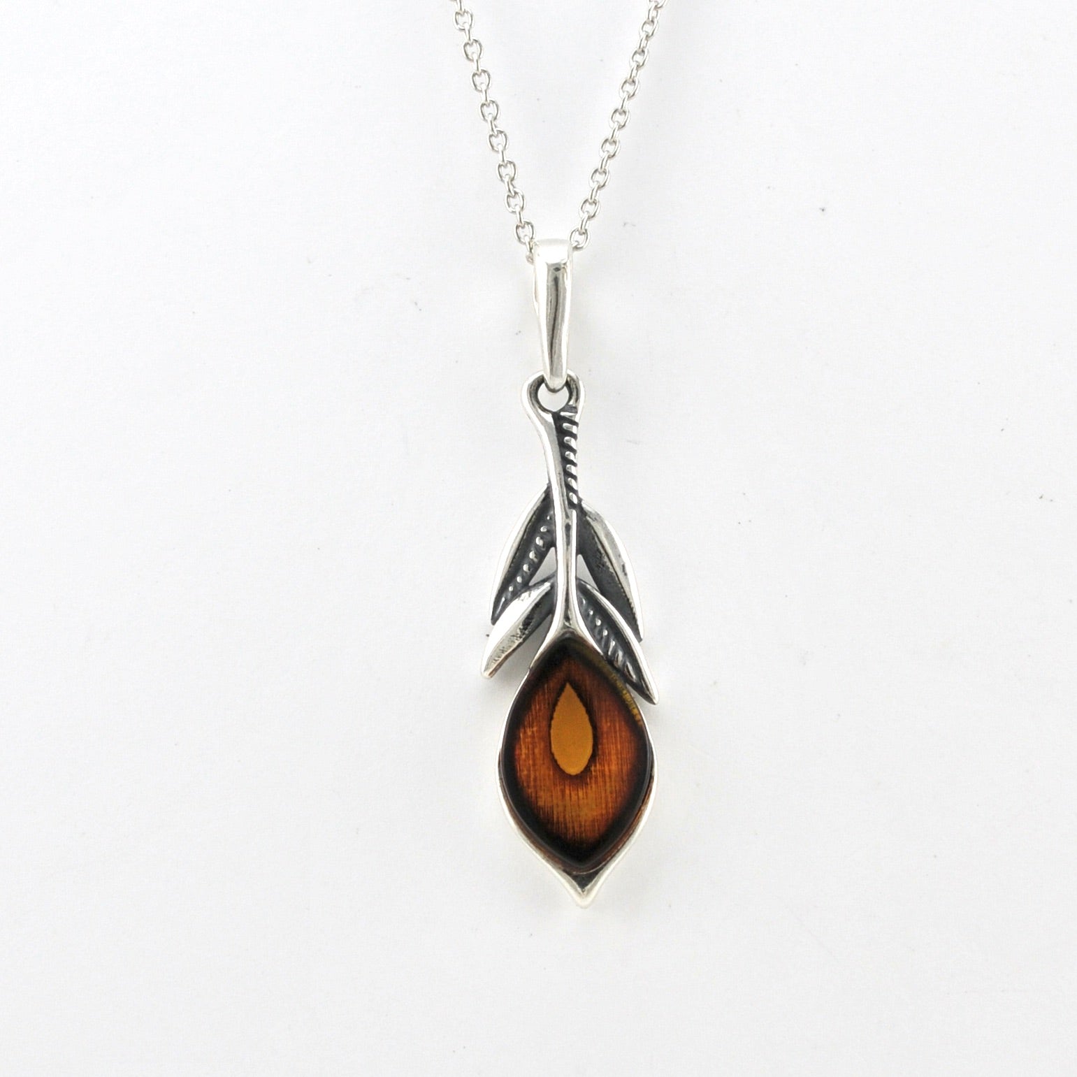 Alternate View Silver Amber Peacock Feather Necklace