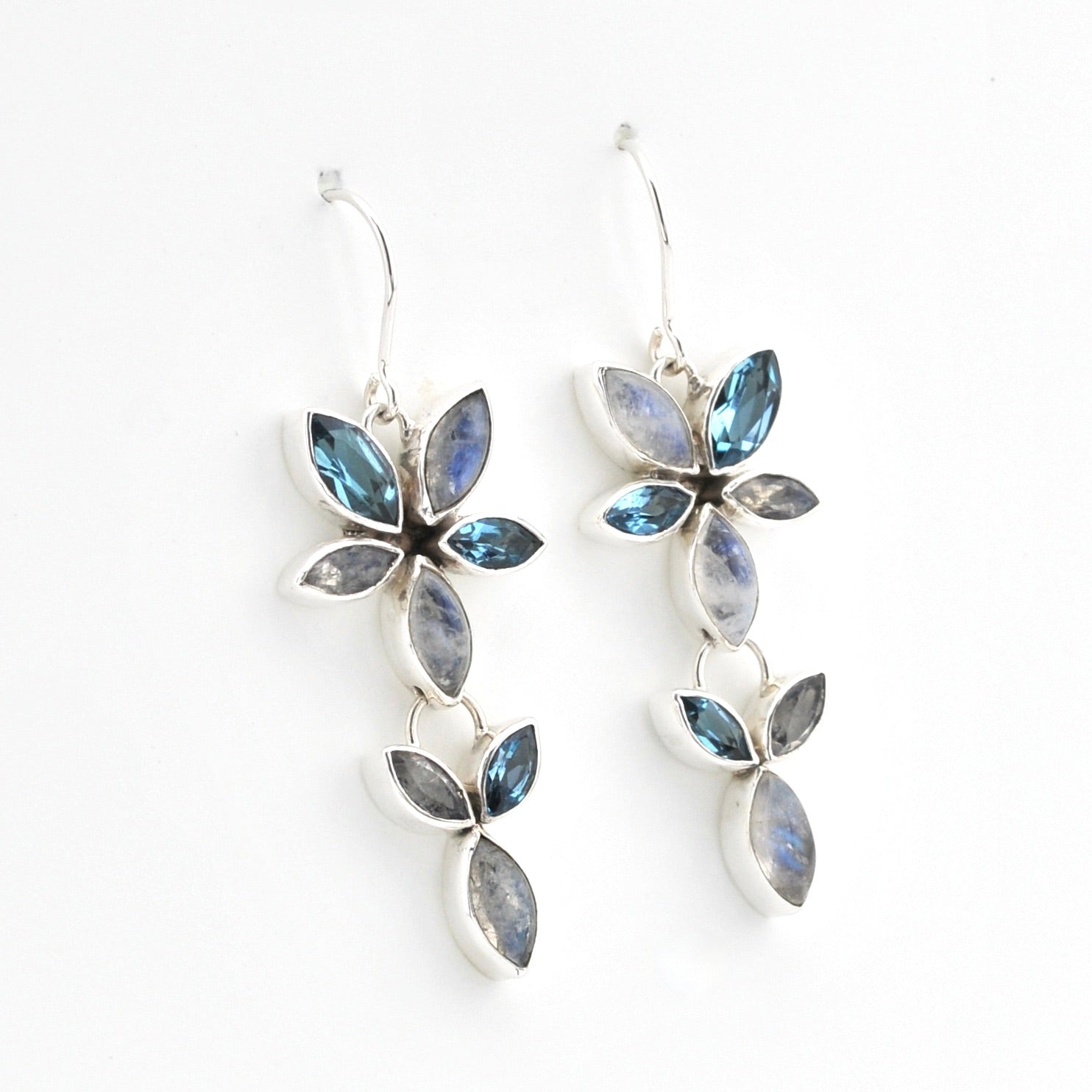 Silver Moonstone Blue Topaz Marquise Earrings on white background