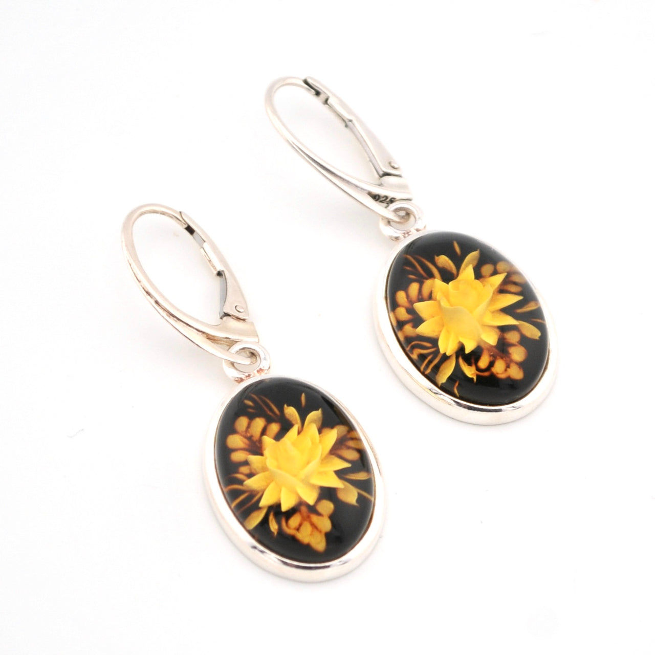 Amber Intaglio Flower Dangle Earrings