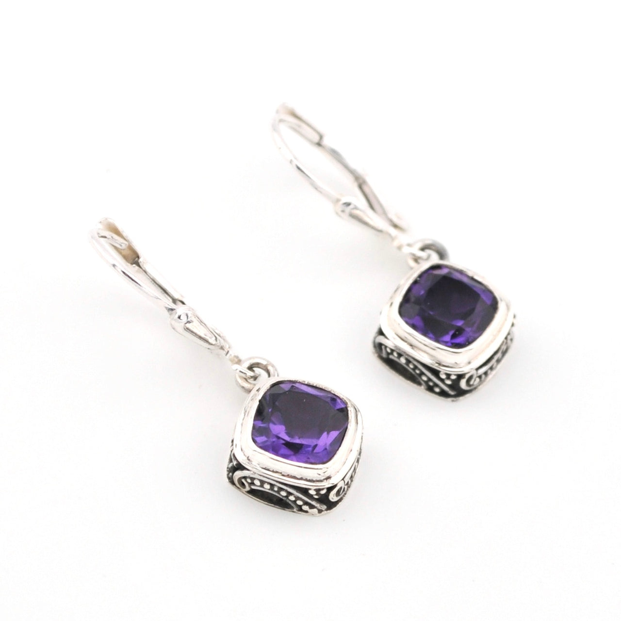 Amethyst 7mm Offset Square Bali Dangle Earrings