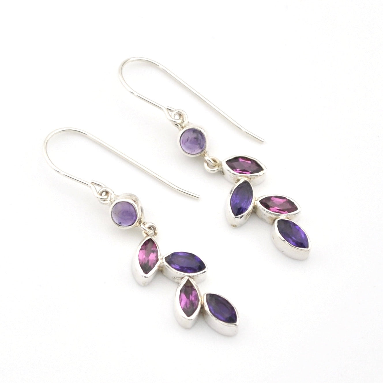 Silver Amethyst Rhodolite Garnet Marquise Earrings
