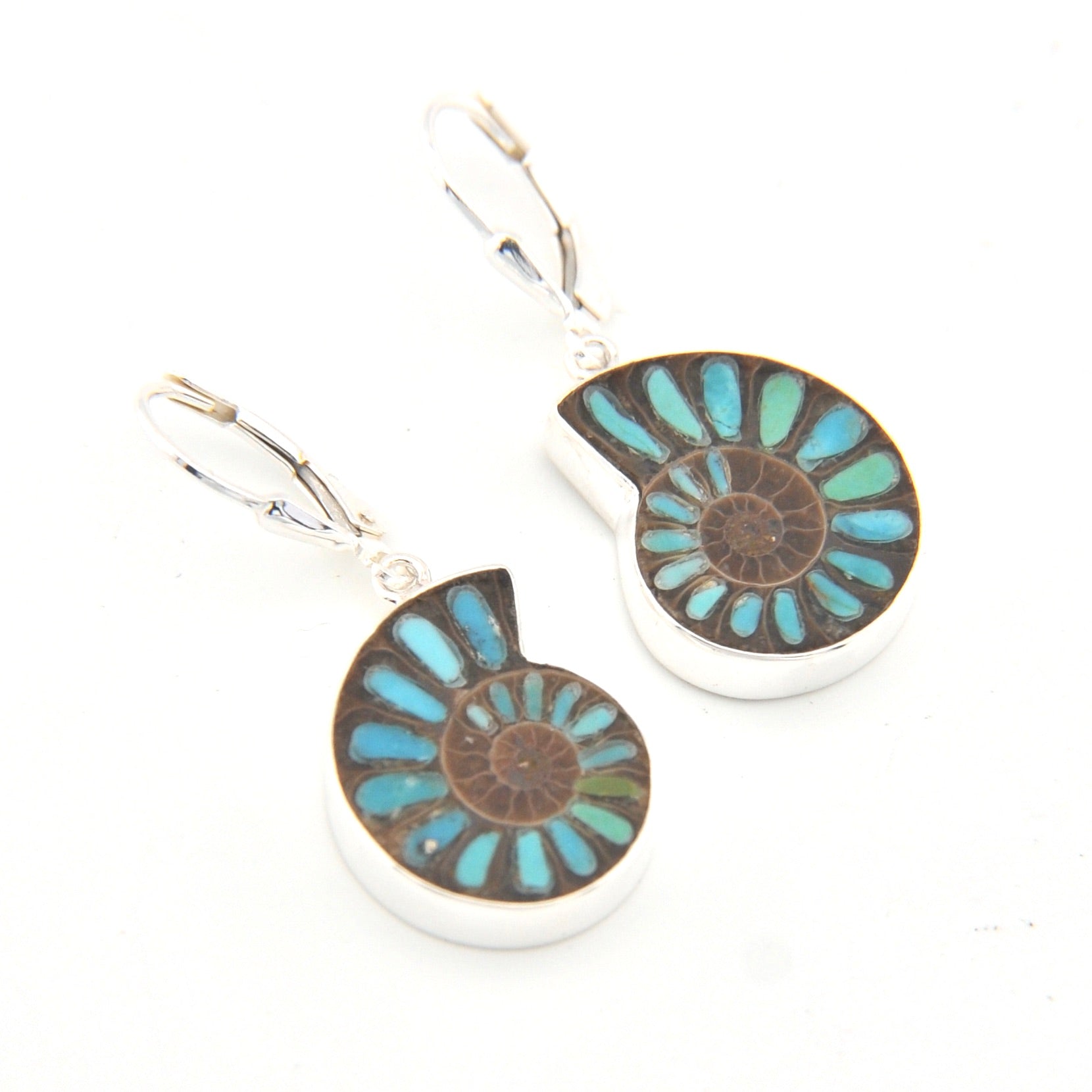 Pair of earrings with blue and brown circular designs on a white background