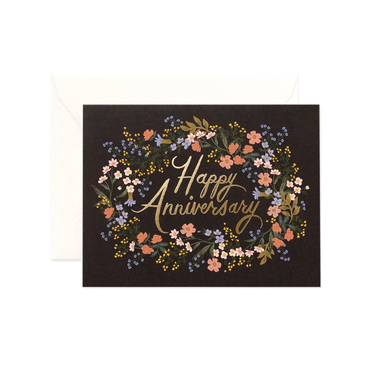 Greeting card with 'Happy Anniversary' text and floral design on a black background