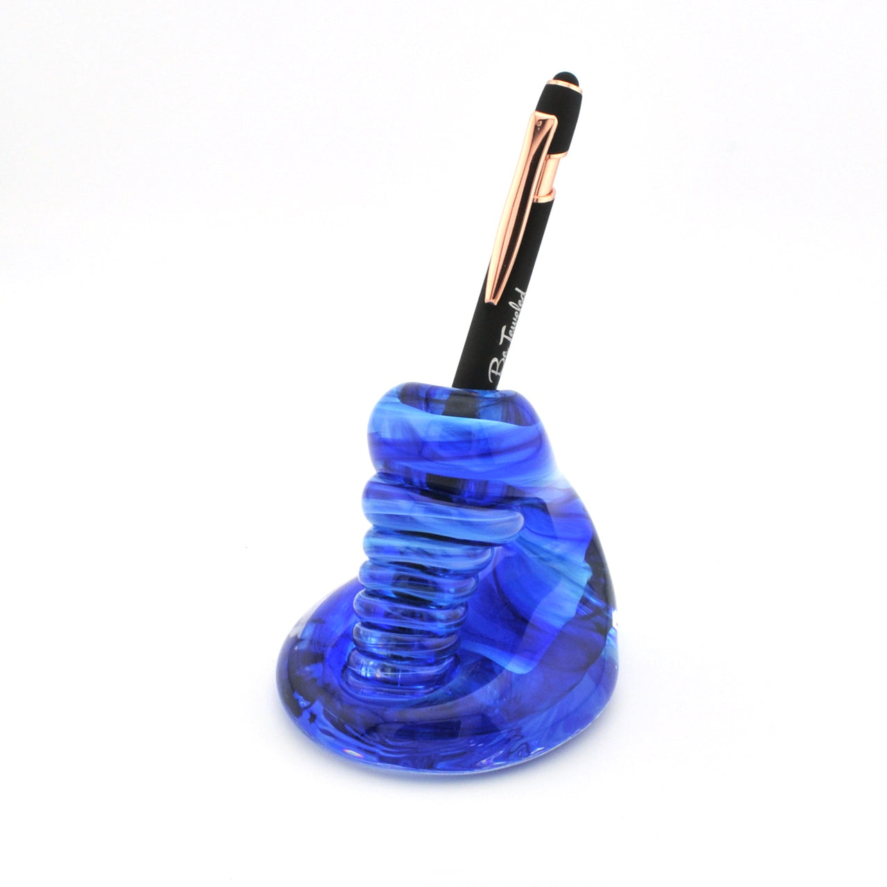 Blue spiral pen holder with a pen on a white background