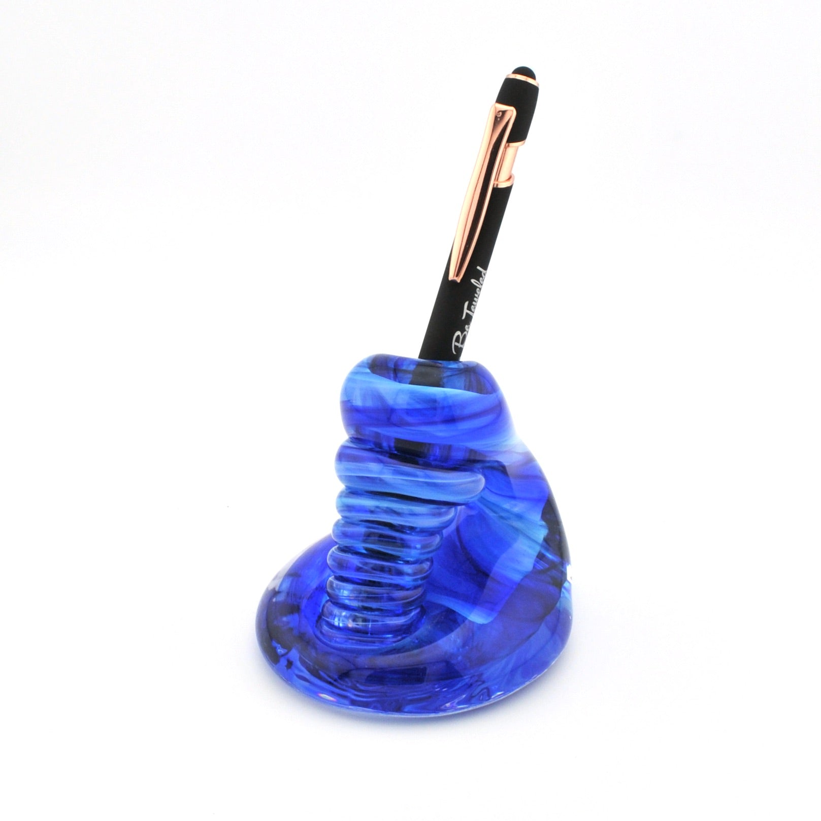 Blue spiral pen holder with a pen on a white background