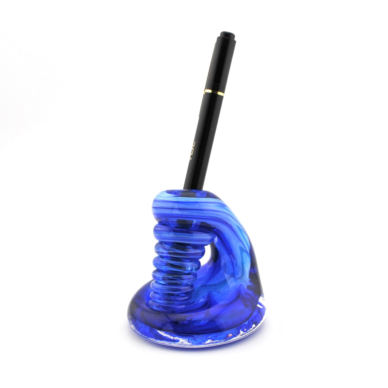 Blue glass pen holder with a black pen on a white background