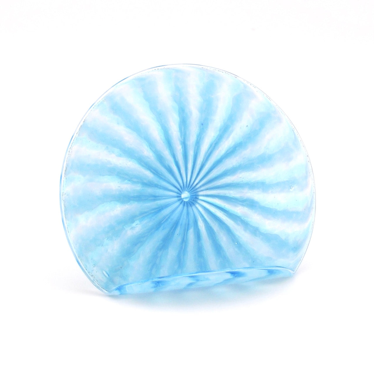 Blue glass card holder with radial pattern on a white background