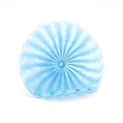 Blue glass card holder with radial pattern on a white background