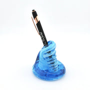 Blue spiral pen holder with a pen on a white background