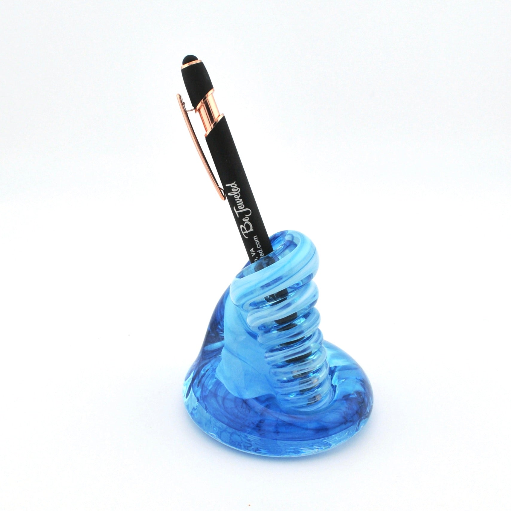 Blue spiral pen holder with a pen on a white background