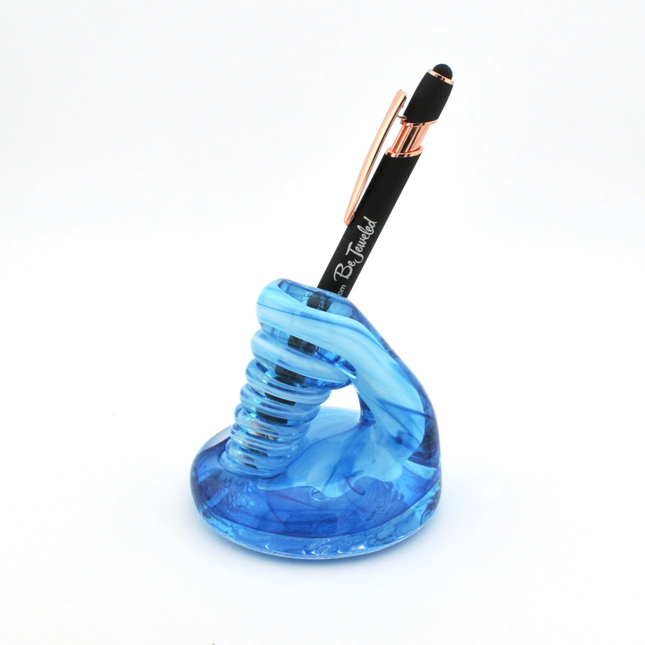 Blue spiral pen holder with a black pen on a white background