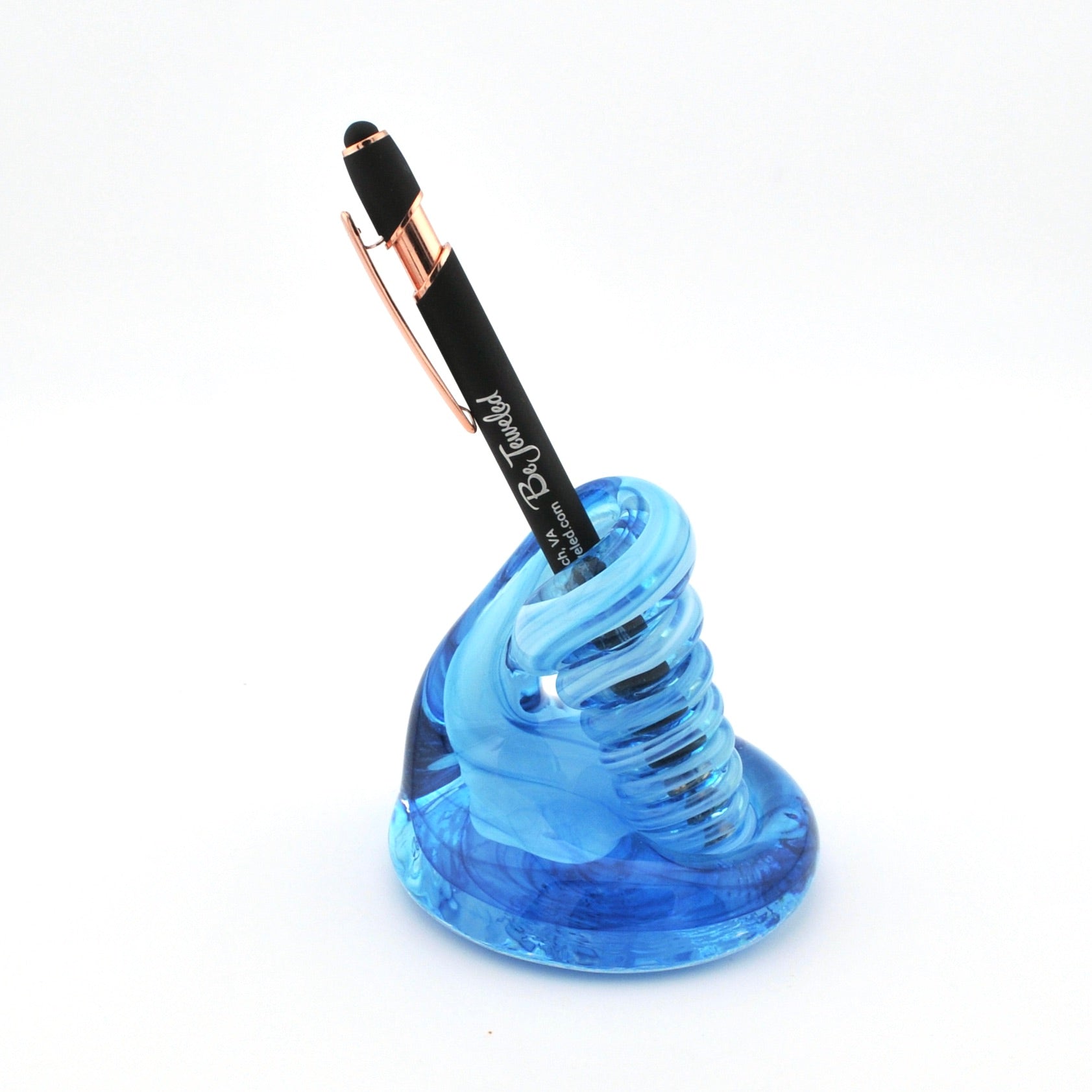 Blue spiral pen holder with a black pen on a white background