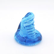 Blue plastic object with a spiral design on a white background