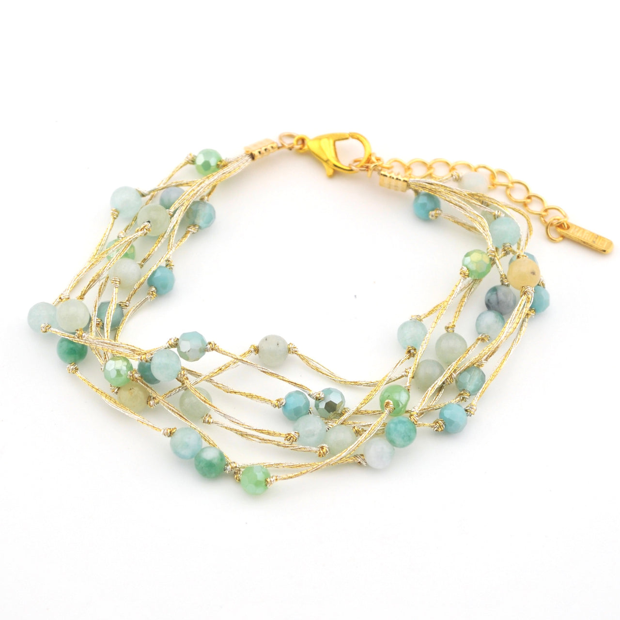 Aqua Multi Strand Beaded Bracelet with Silk