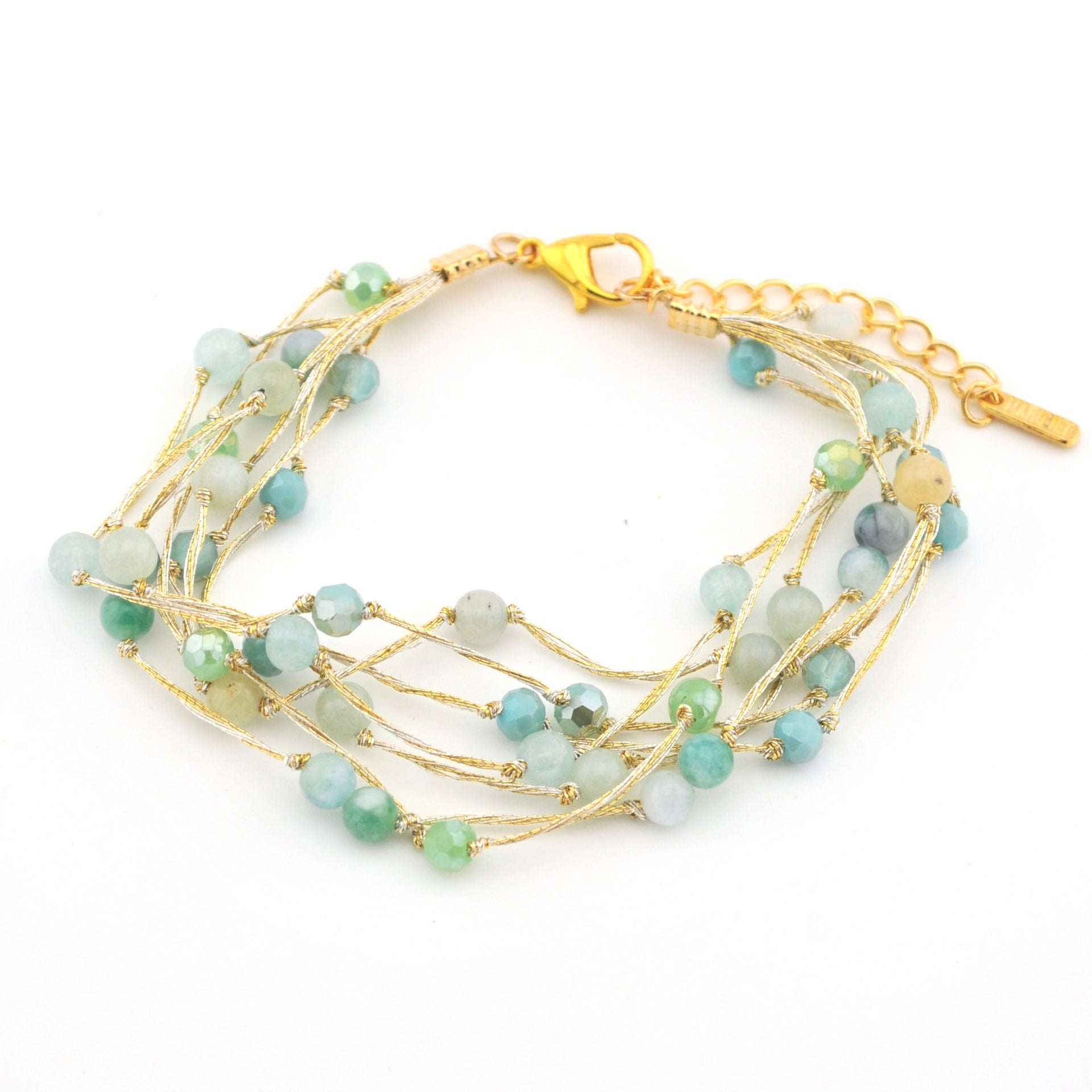 Aqua Multi Strand Beaded Bracelet with Silk