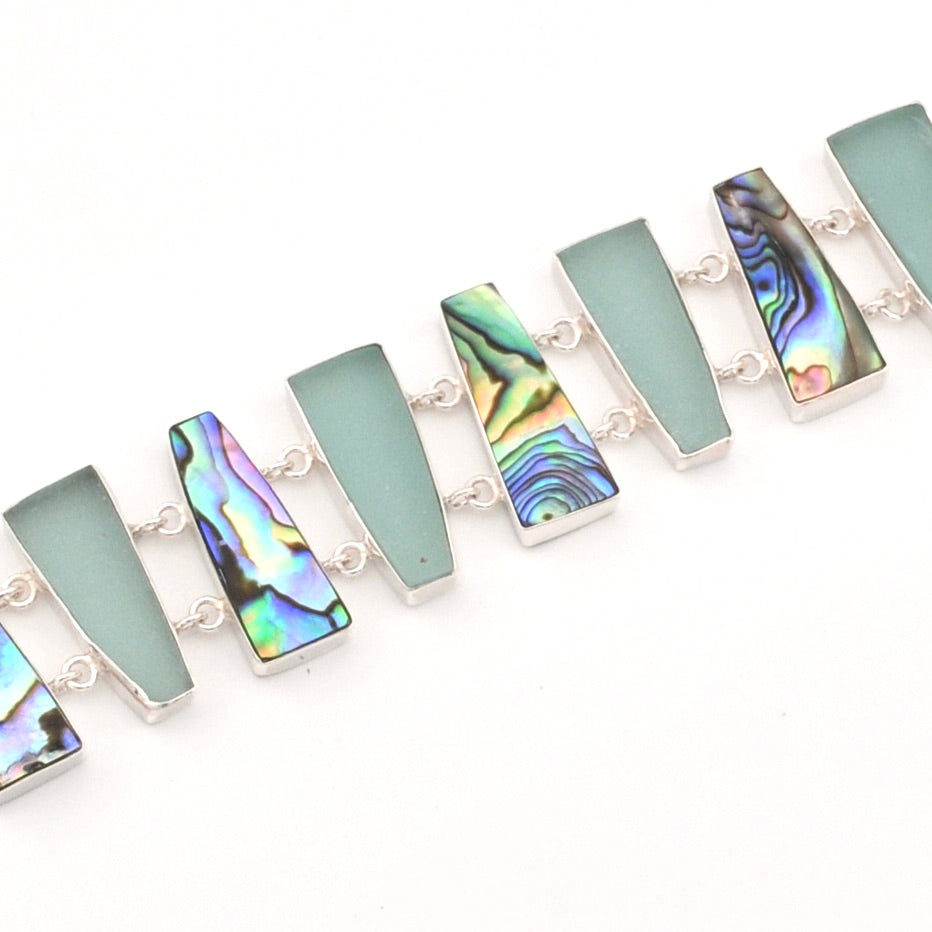 Aqua Sea Glass and Abalone Bracelet Close Up