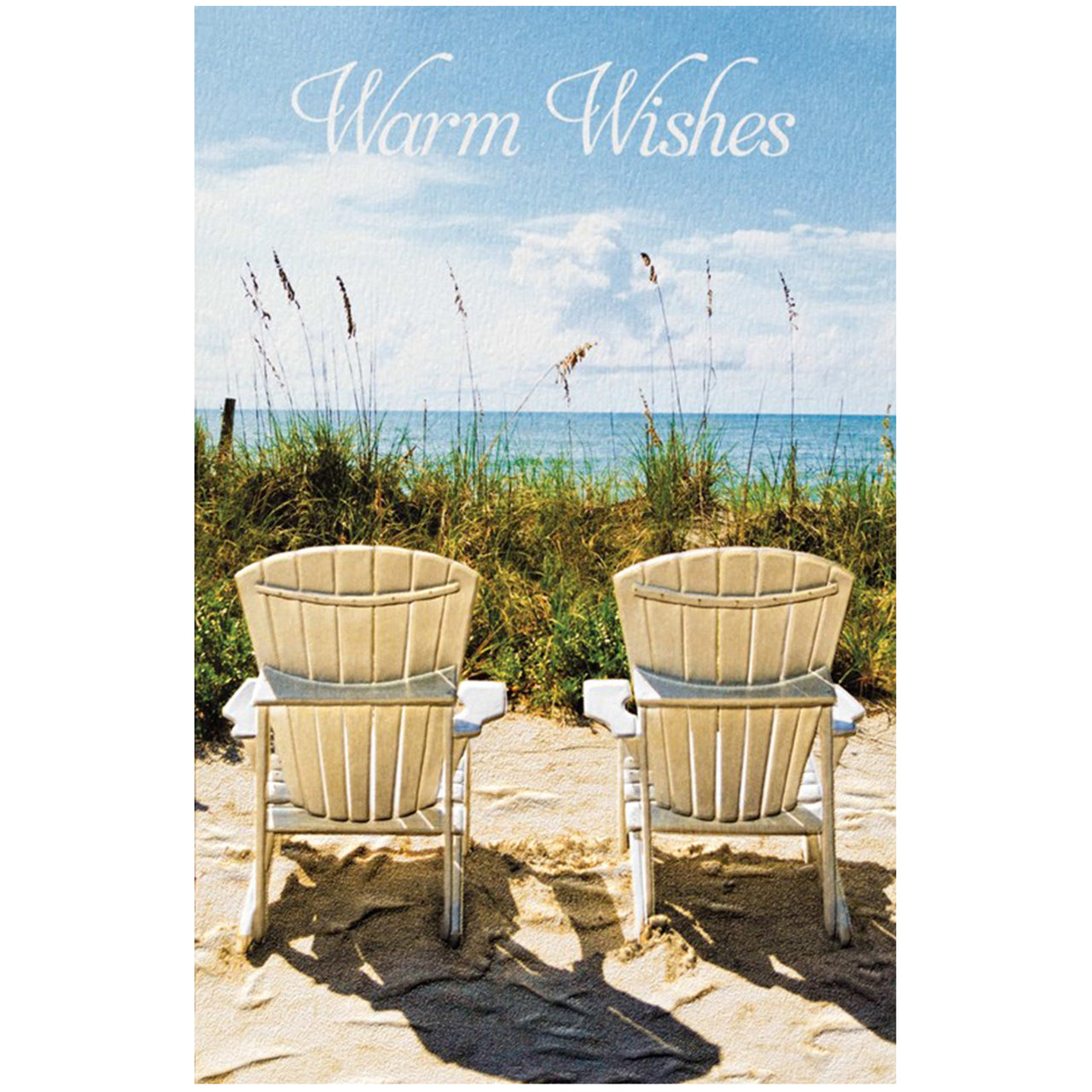 Two Adirondack chairs on a sandy beach with ocean view and 'Warm Wishes' text.