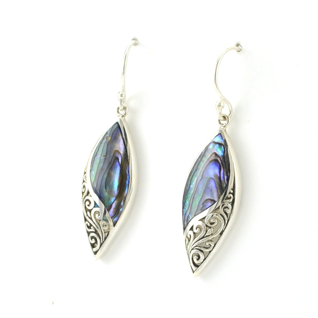 Side View Sterling Silver Abalone Marquise Bali Earrings