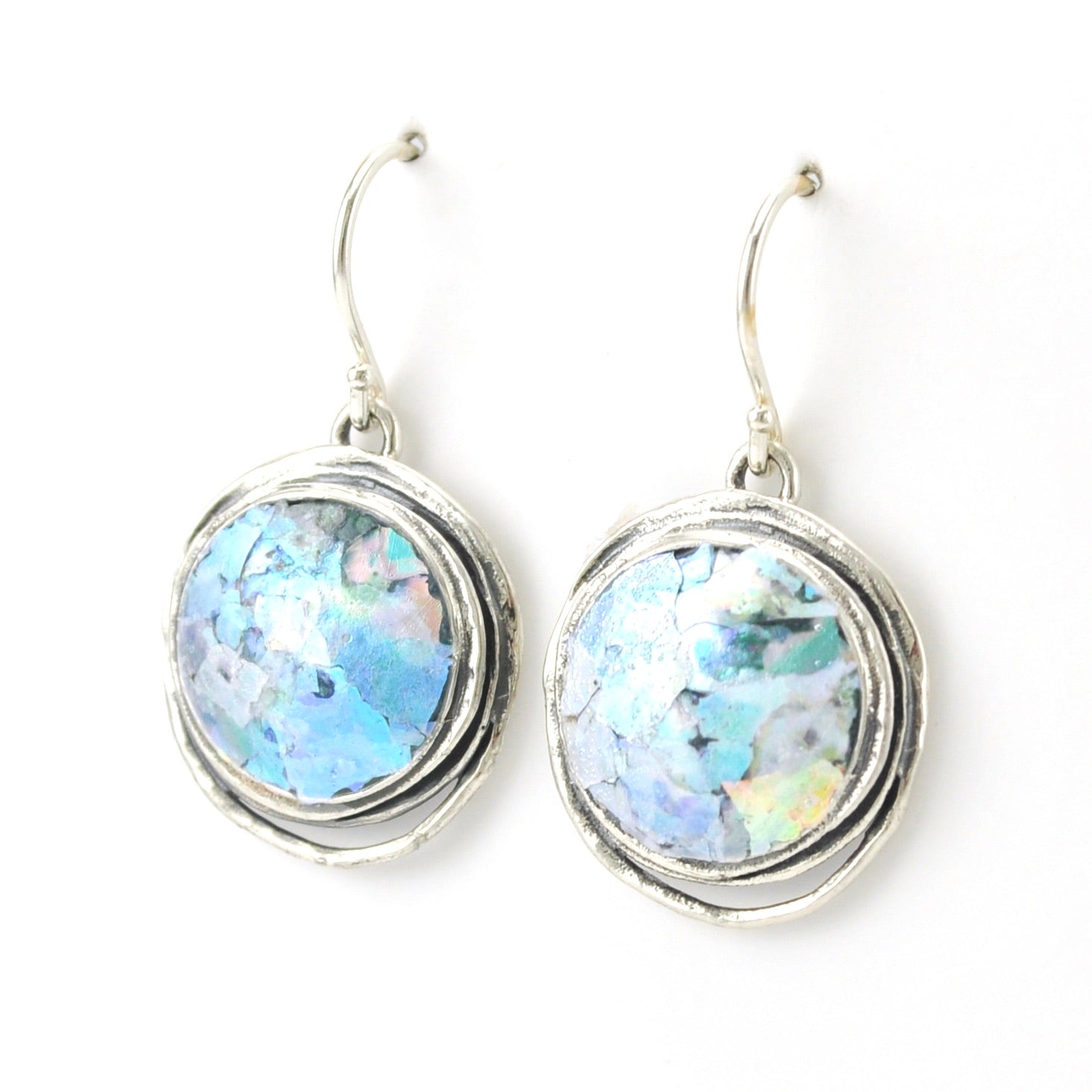 Side View Sterling Silver Roman Glass Round Dangle Earrings