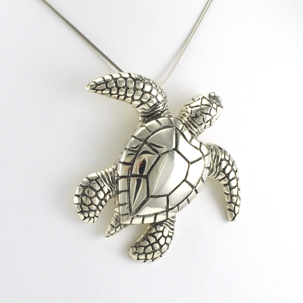 Side View Sterling Silver Sea Turtle Large Pendant