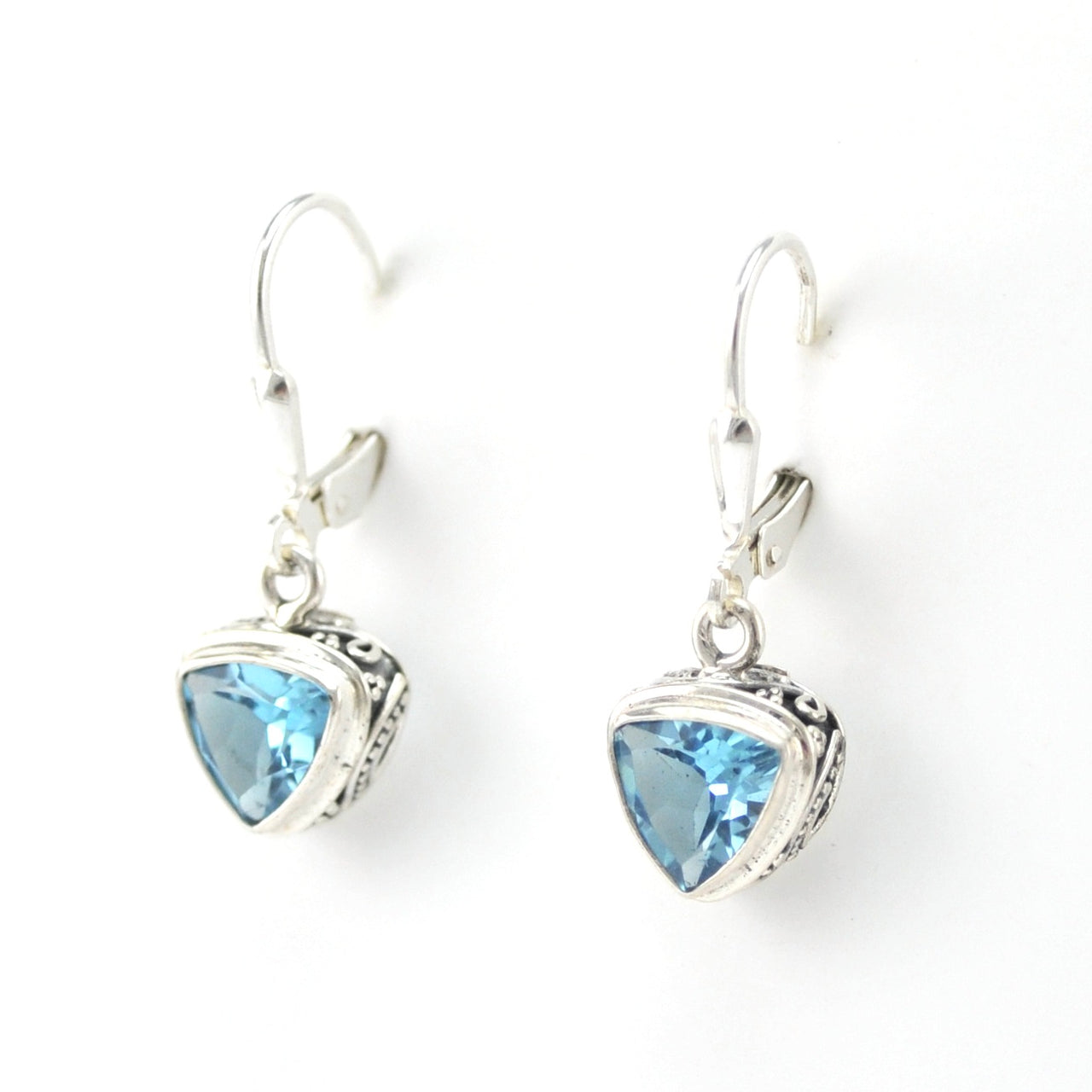 Side View ilver Blue Topaz 7mm Trillion Bali Dangle Earrings