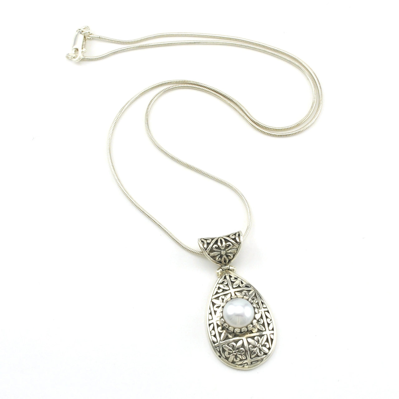 Sterling Silver Bali Tear with Pearl Necklace