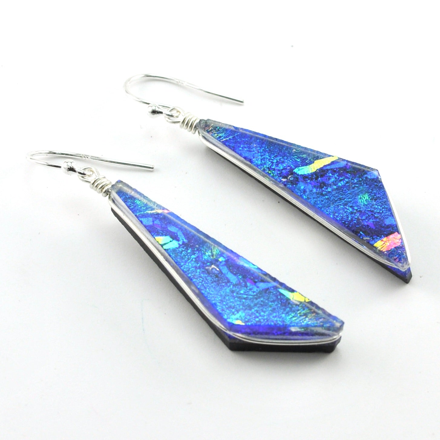 Dichroic Glass Rainbow Blue Comet Dangle Earrings