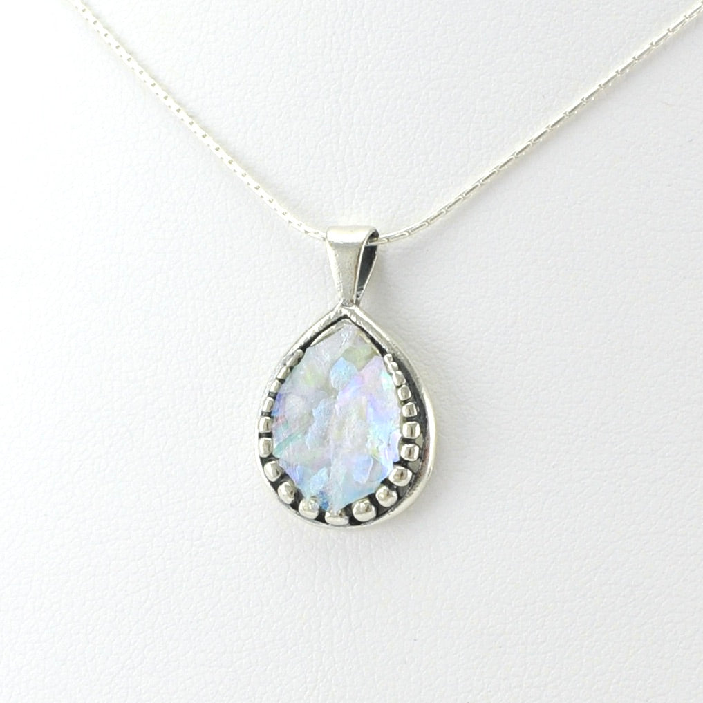 Side View Sterling Silver Roman Glass Tear Necklace